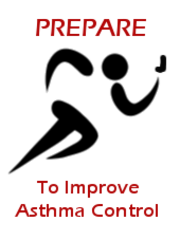 Prepare Logo: Prepare to improve Asthma Control. Shows running person with asthma inhaler